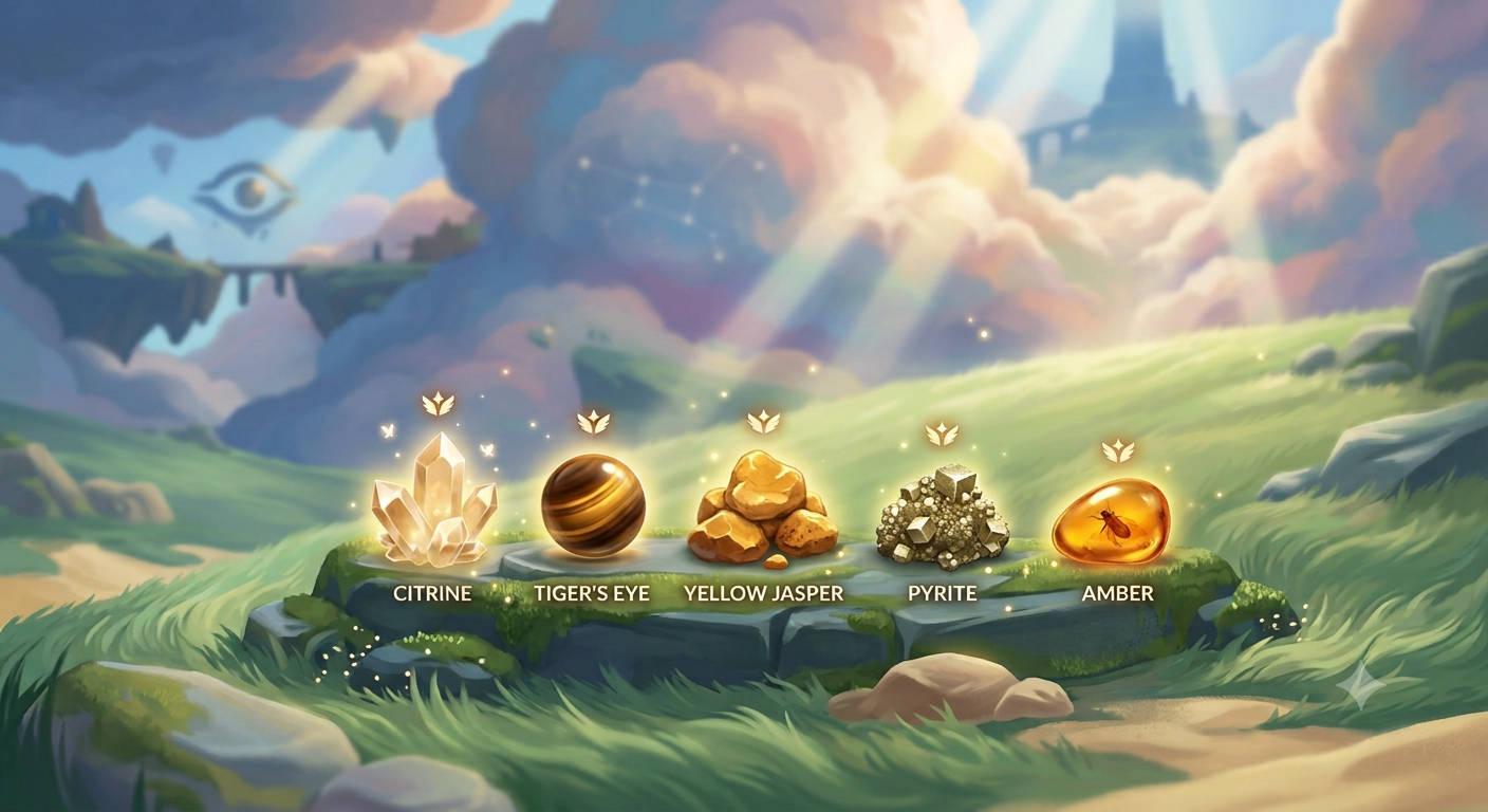 Citrine, Tiger’s Eye, Yellow Jasper, Pyrite and Amber