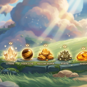 Citrine, Tiger’s Eye, Yellow Jasper, Pyrite and Amber